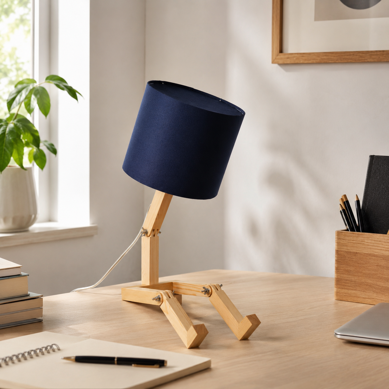 Un escritorio de madera con una lámpara con forma de figura, libros y bolígrafos.