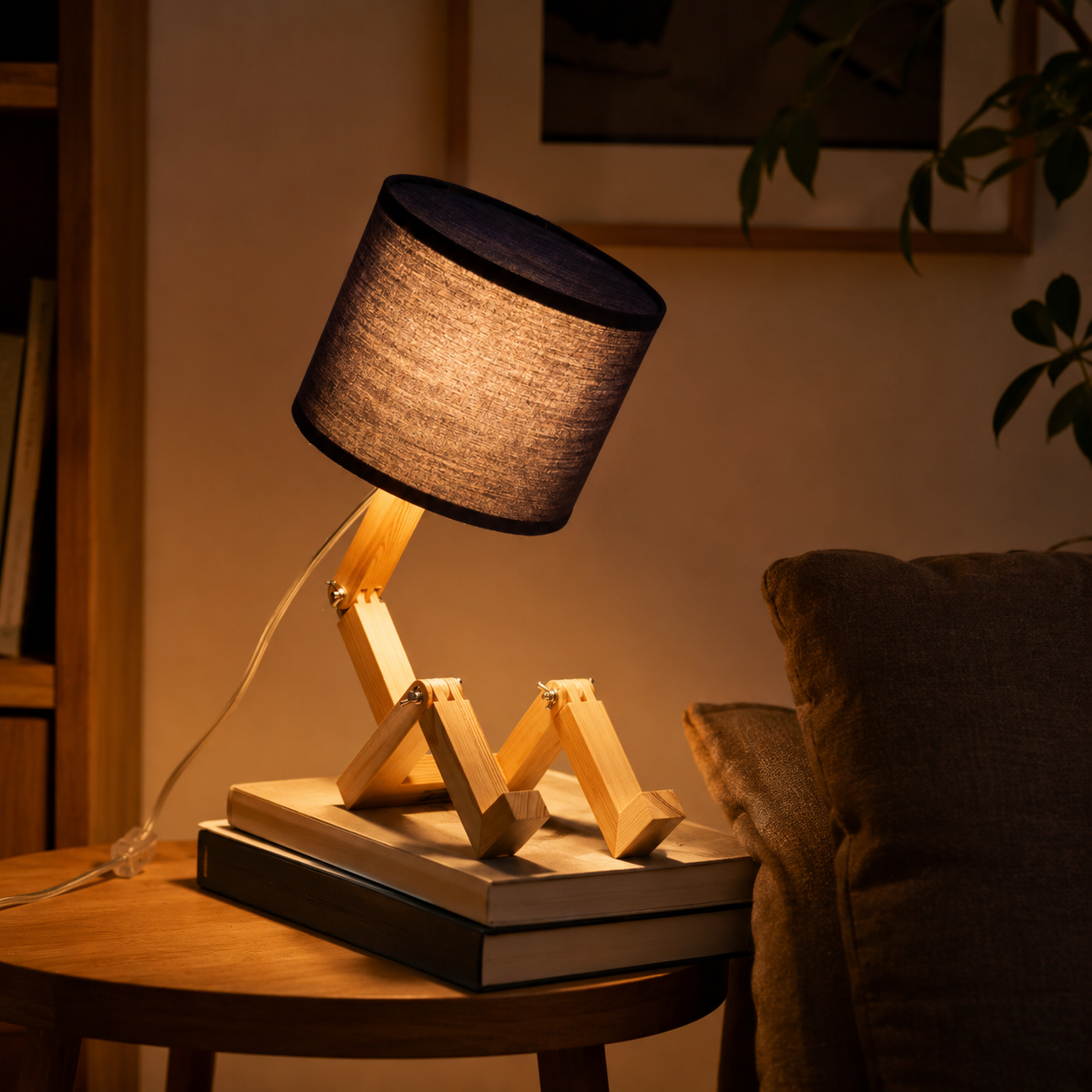 Una lámpara robot de madera se sienta sobre libros en una mesa, con un sofá y planta de fondo.