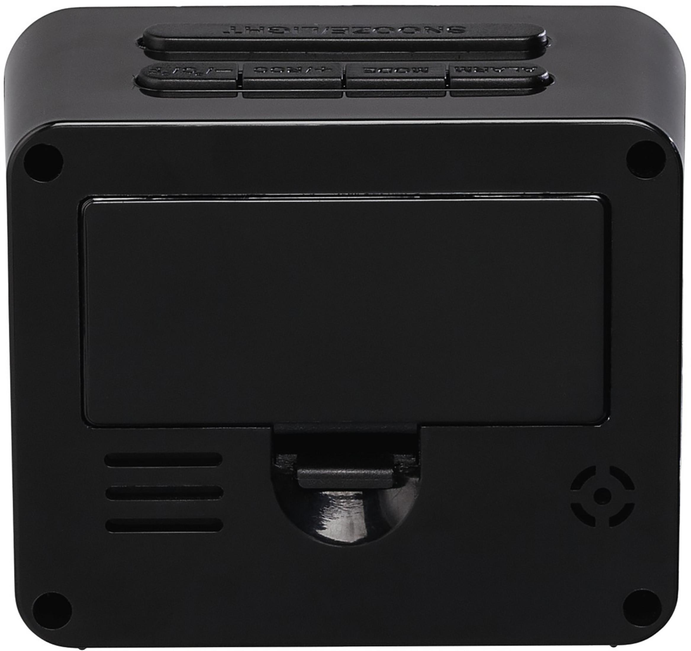 Sveglia digitale nera vista da dietro con coperchio vano batteria e pulsanti.