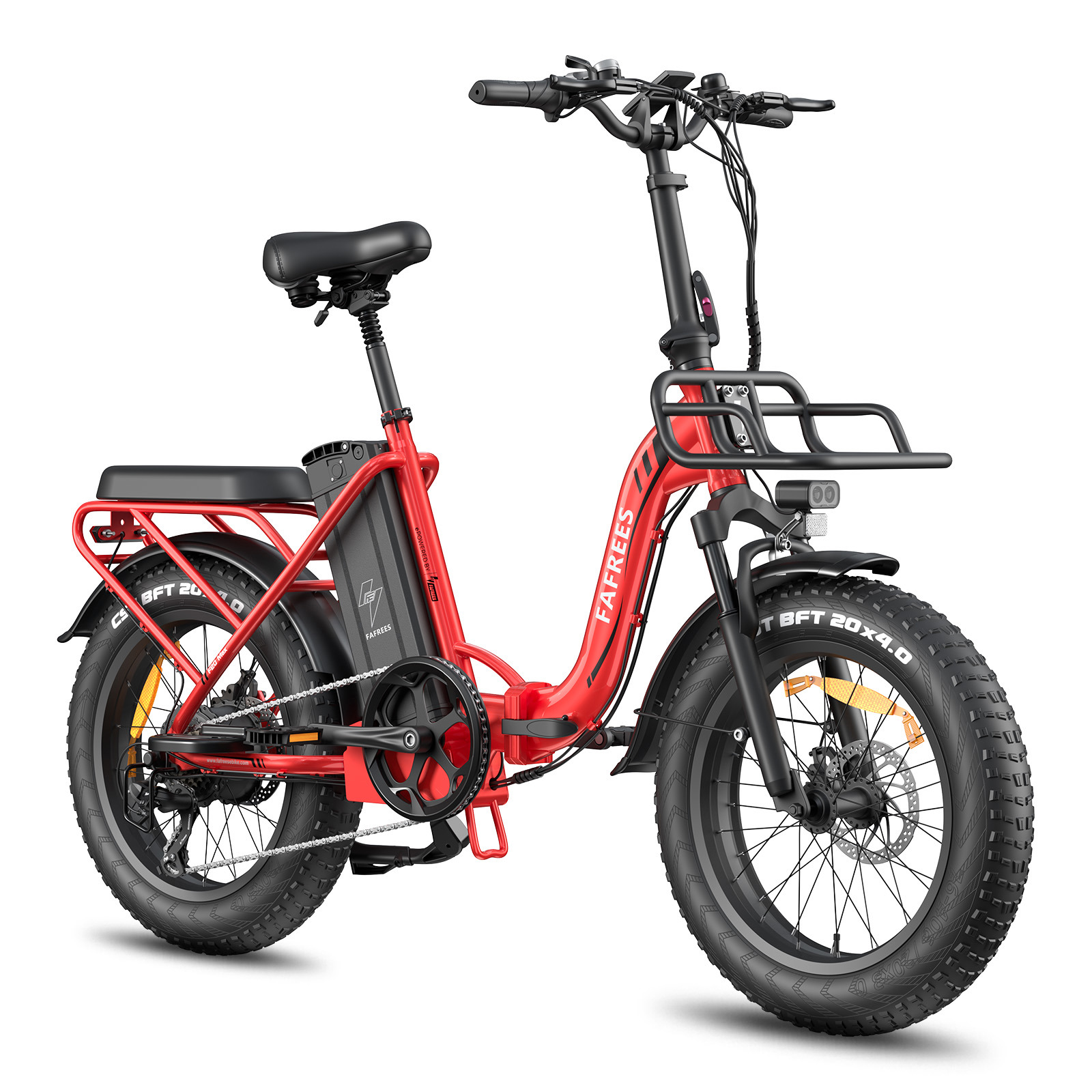 Una bicicleta eléctrica plegable roja con neumáticos anchos, portaequipajes delantero y trasero.