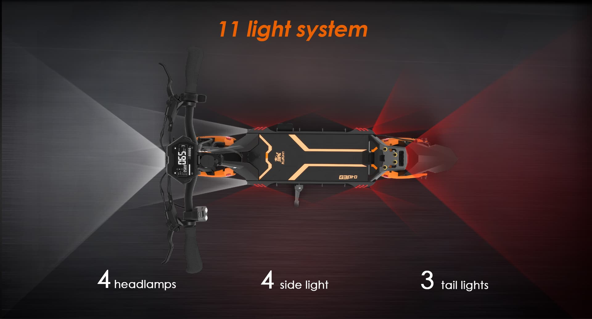 Uno scooter elettrico con sistema a 11 luci: 4 fari, 4 luci laterali, 3 luci posteriori.
