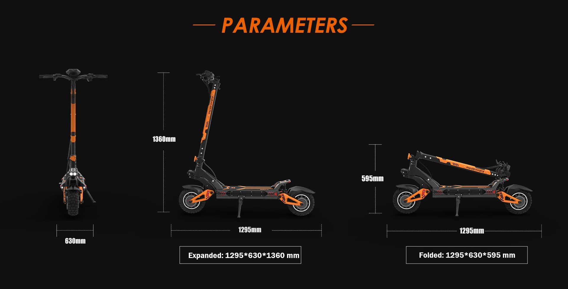 Monopattino elettrico esteso e piegato con dimensioni.