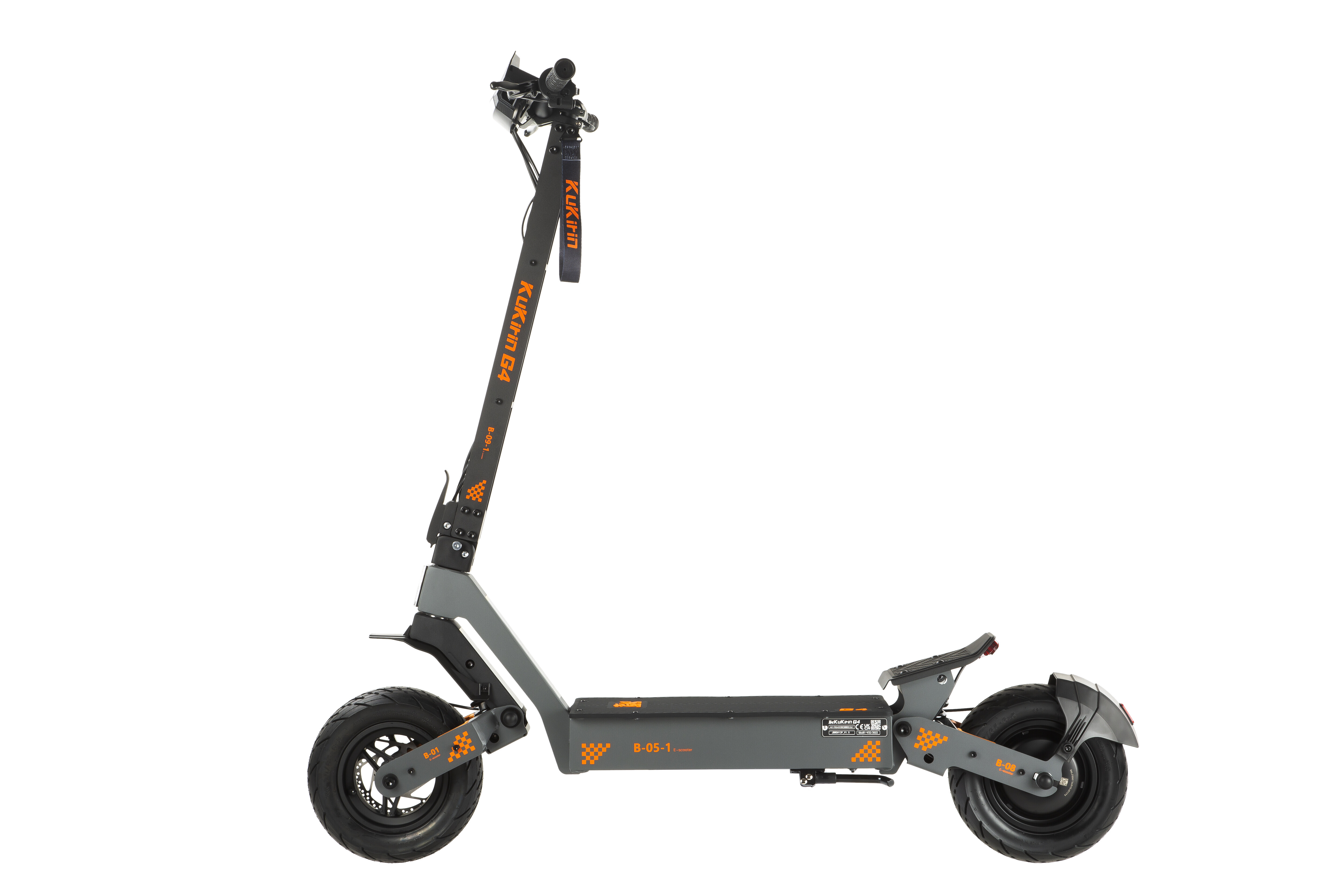Monopattino elettrico grigio con accenti e scritte arancioni.