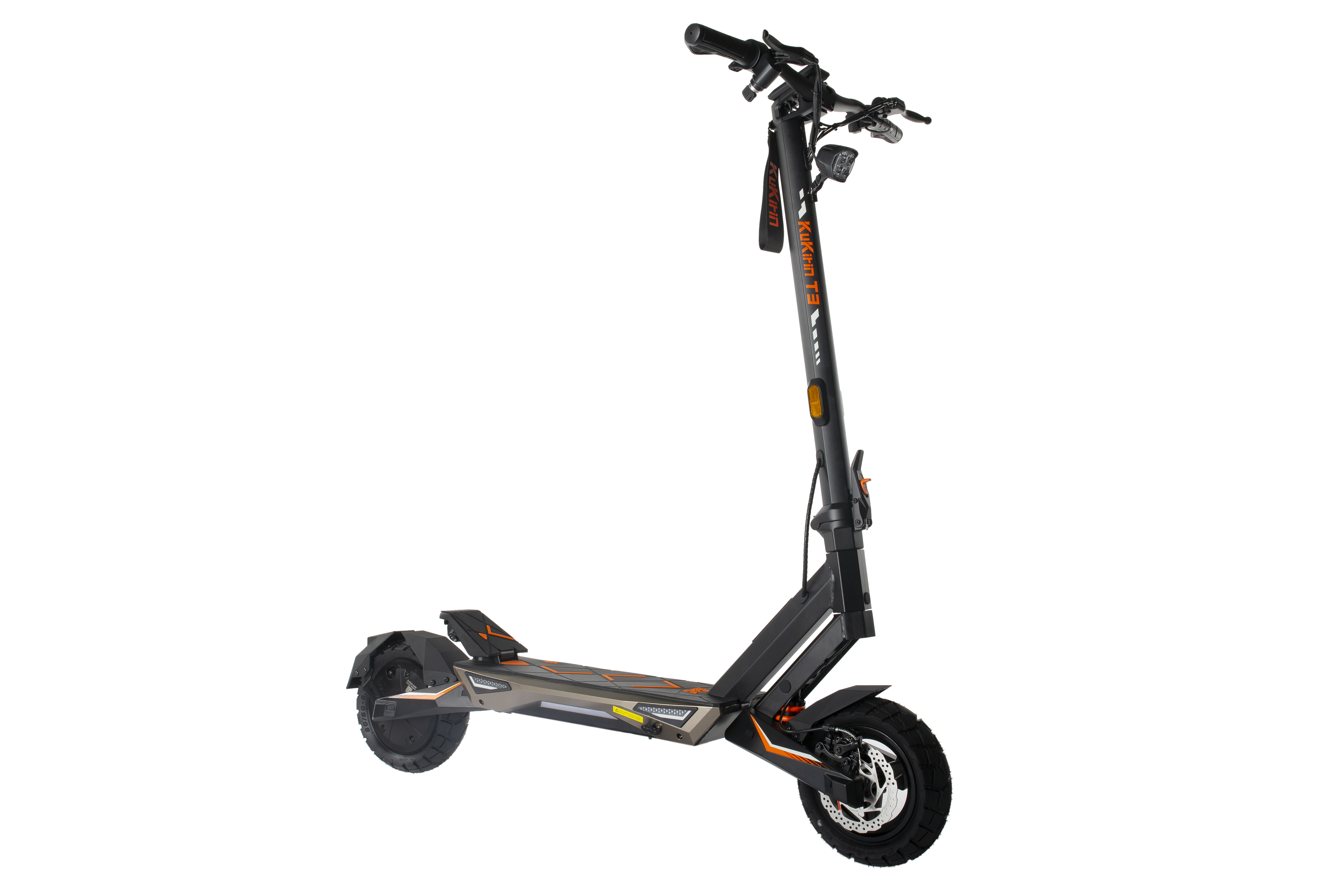 Uno scooter elettrico nero con accenti arancioni e il logo "KU KITT T3".
