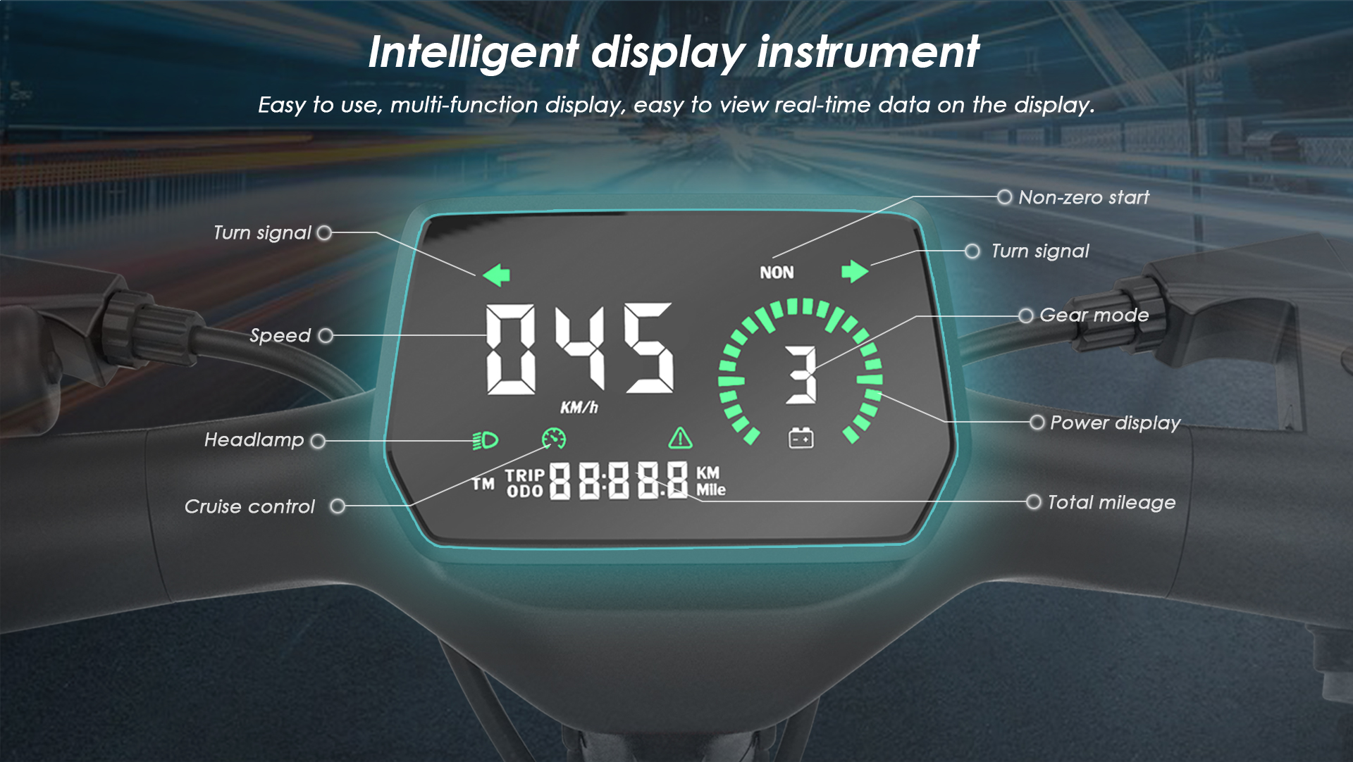 Display monopattino elettrico mostra 45 km/h, marcia 3 e altre info.