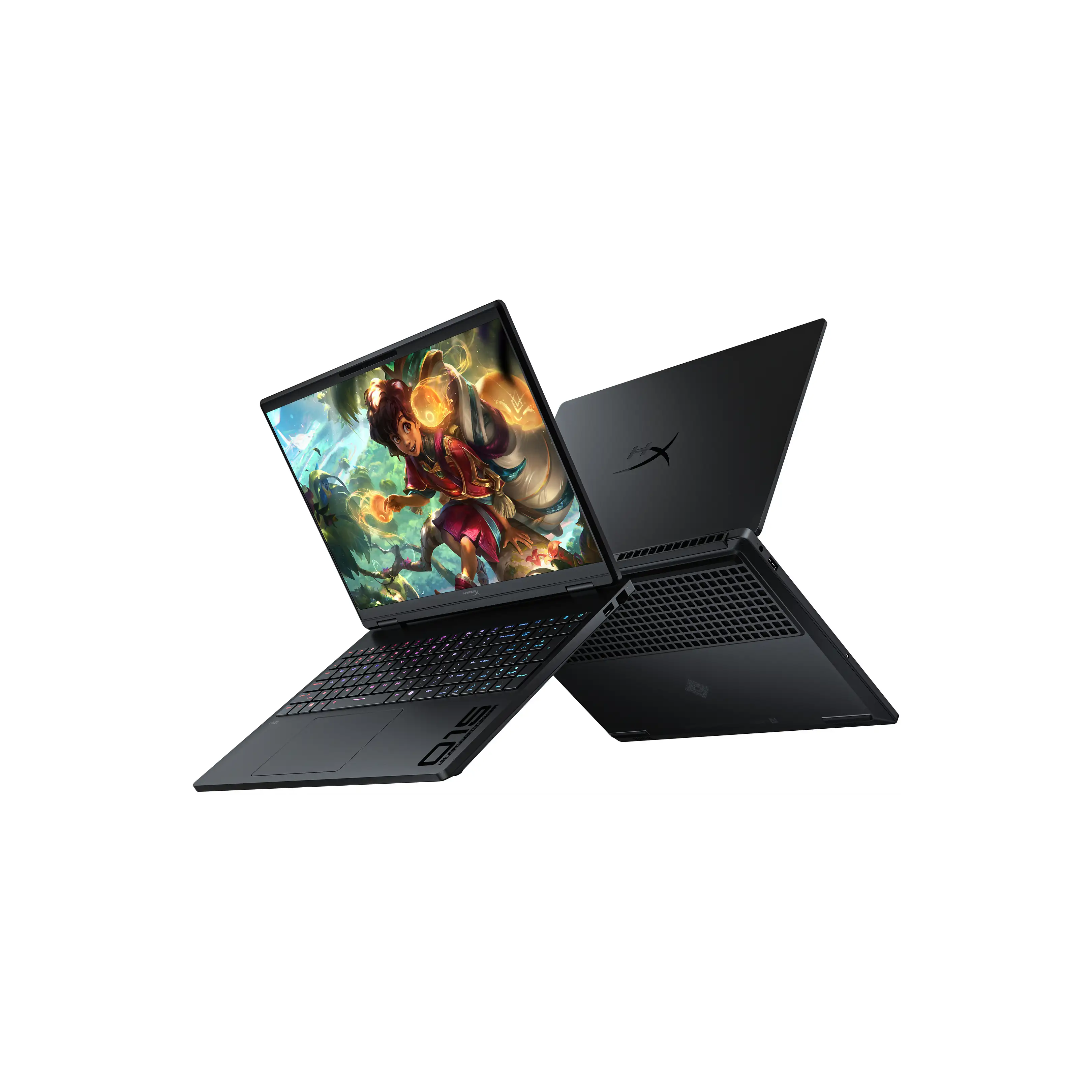 Due laptop neri, uno aperto mostra un gioco, l'altro chiuso.