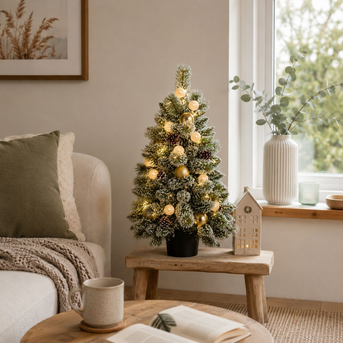 Een versierde kerstboom met lampjes, kerstballen en dennenappels staat op een houten krukje.