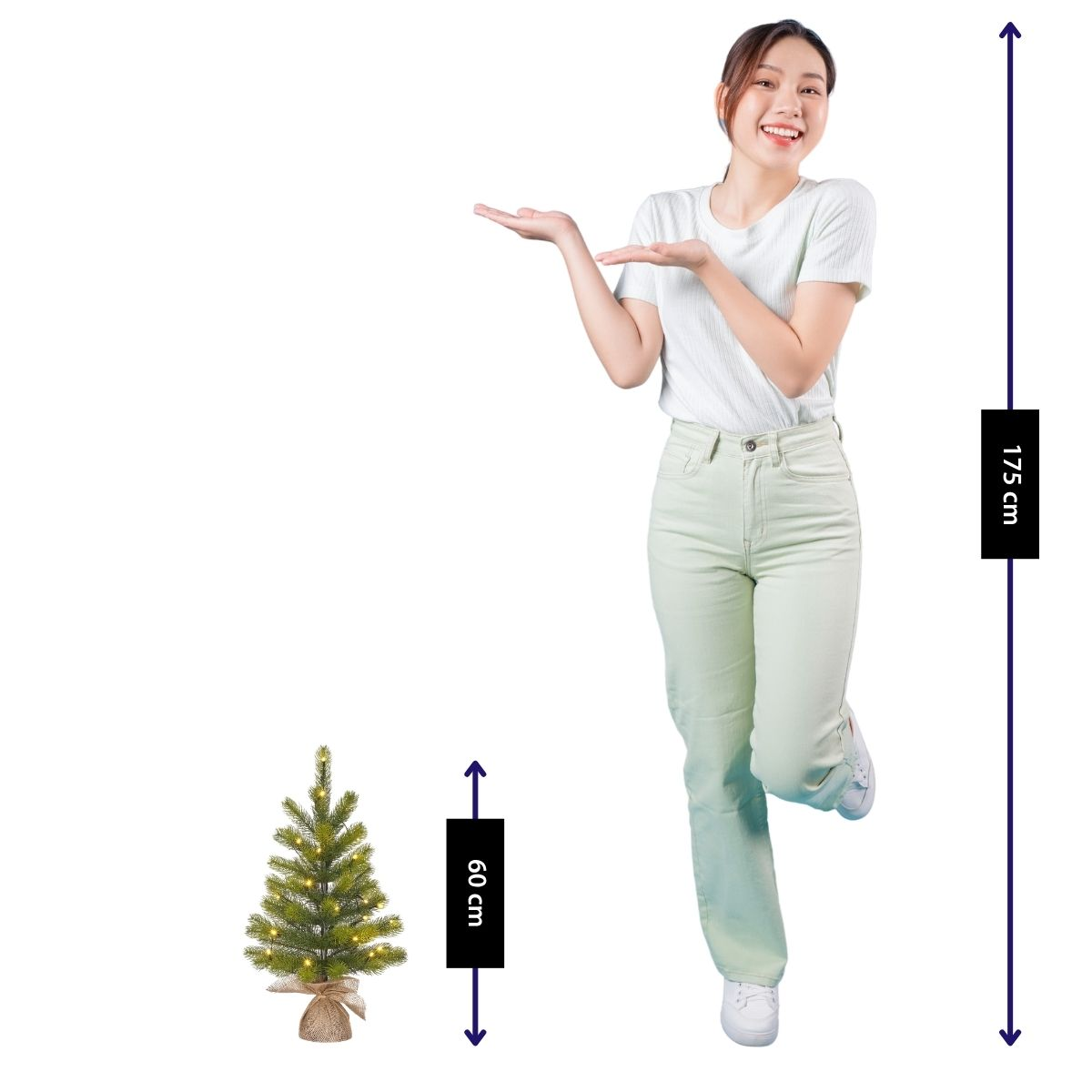 A woman (175 cm) stands next to a lit tree (60 cm).