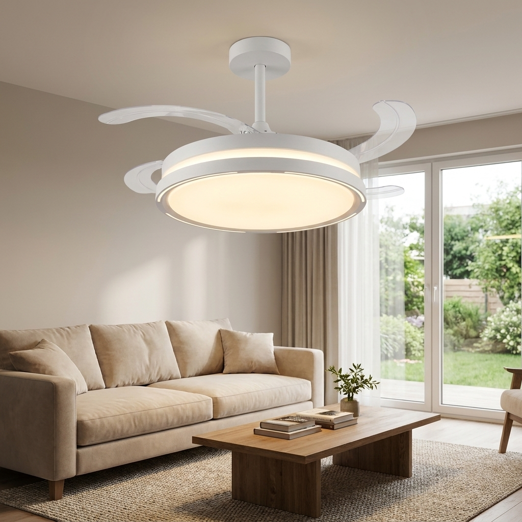 Un ventilador de techo blanco con luz est montado sobre un sof beige.
