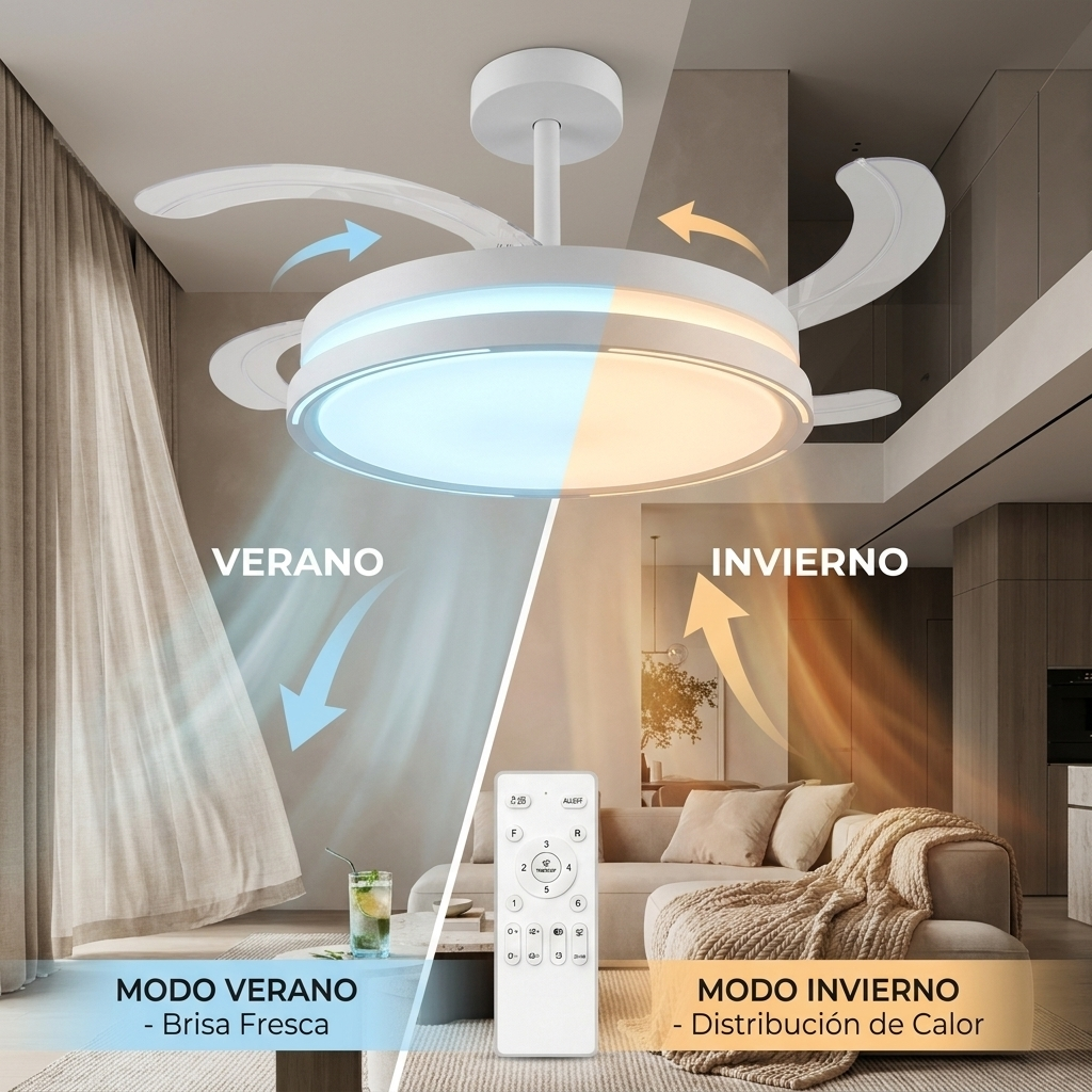 Ventilador de techo blanco moderno con luz, mostrando modos verano e invierno.