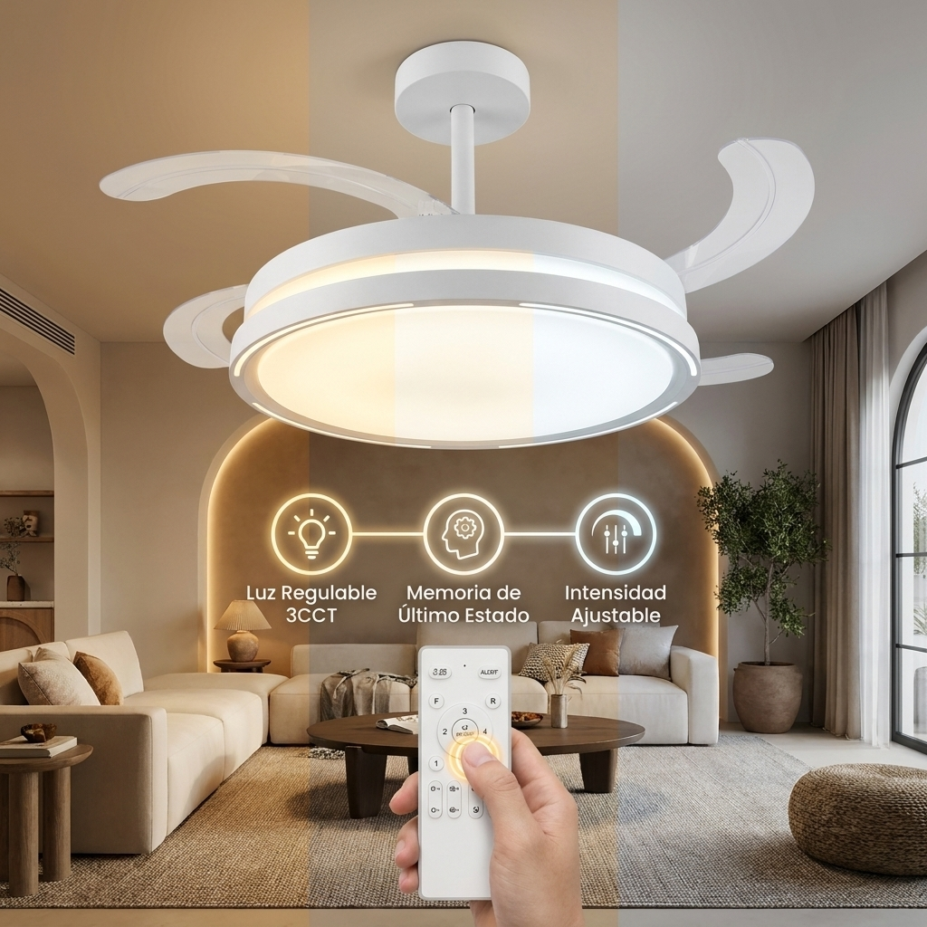 Una lámpara de ventilador de techo blanca con aspas retráctiles sobre una sala de estar.
