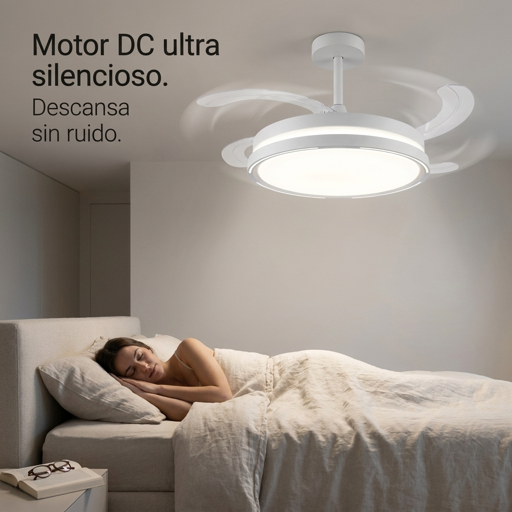 Una mujer duerme en una cama bajo un ventilador de techo minimalista con luz.