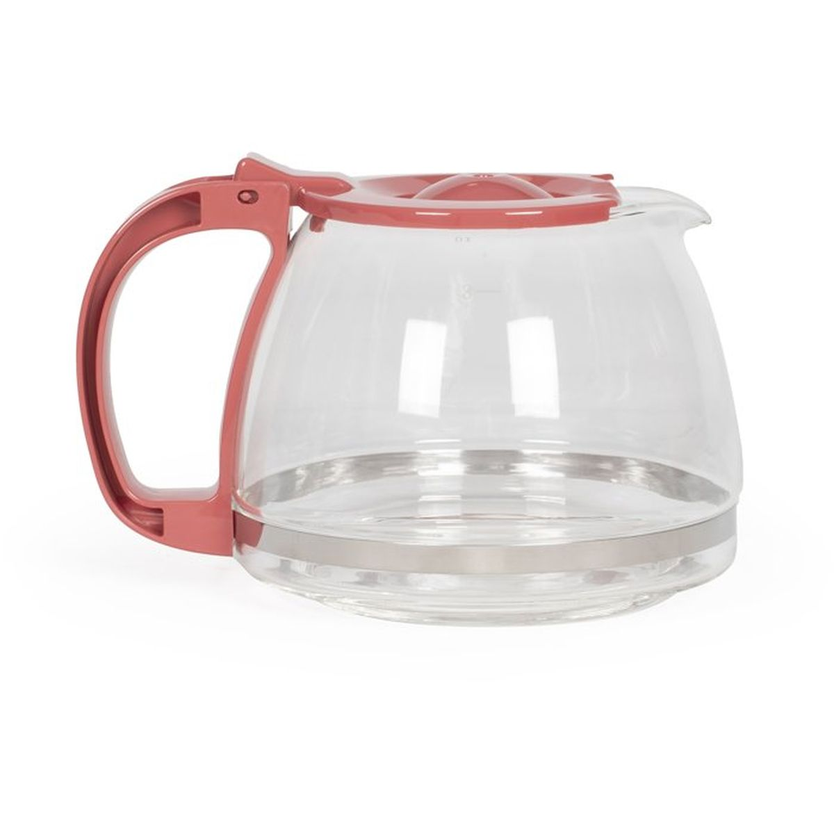 Una caraffa da caffè in vetro trasparente con manico e coperchio rosa corallo.