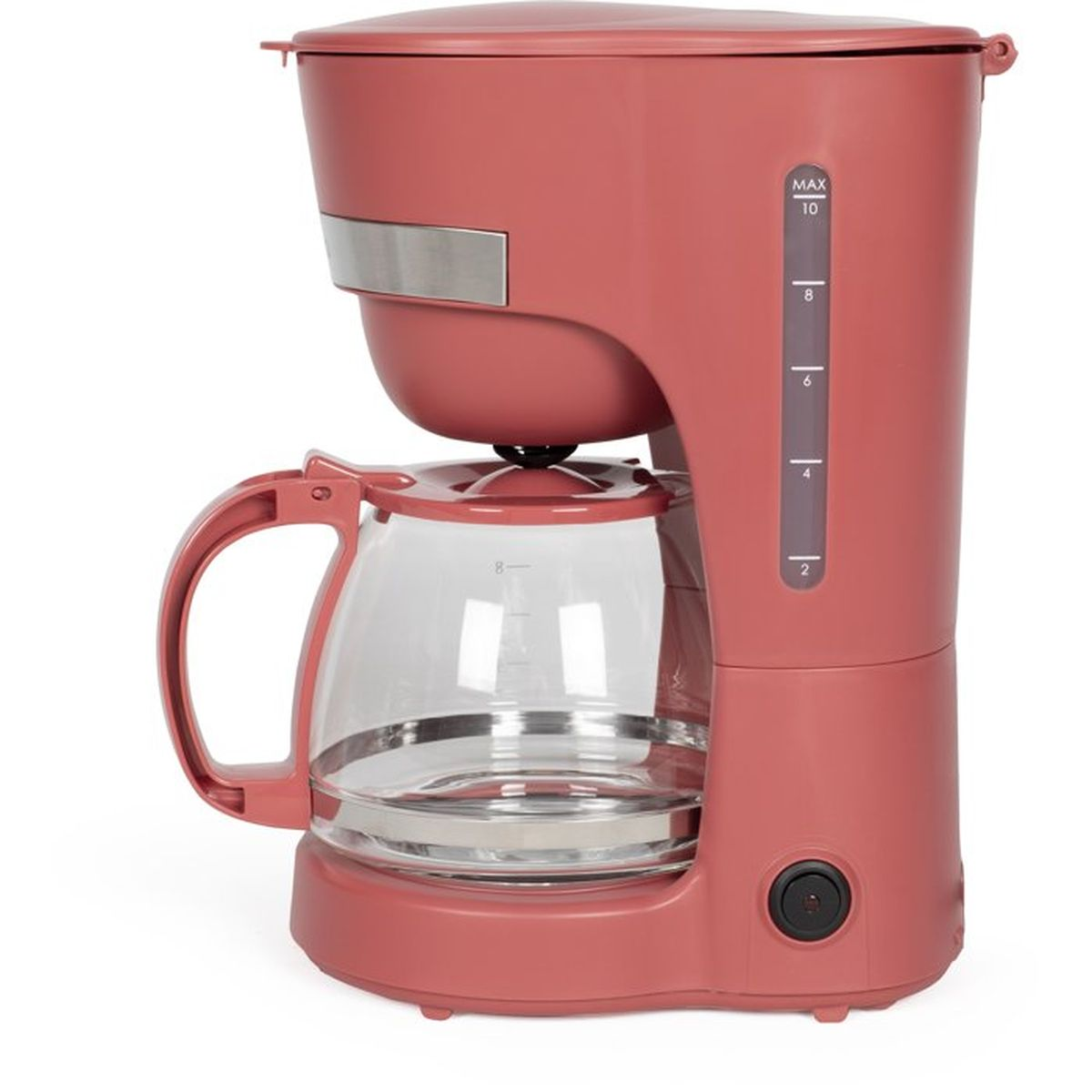Una macchina da caffè rosso corallo con caraffa in vetro e indicatore livello.