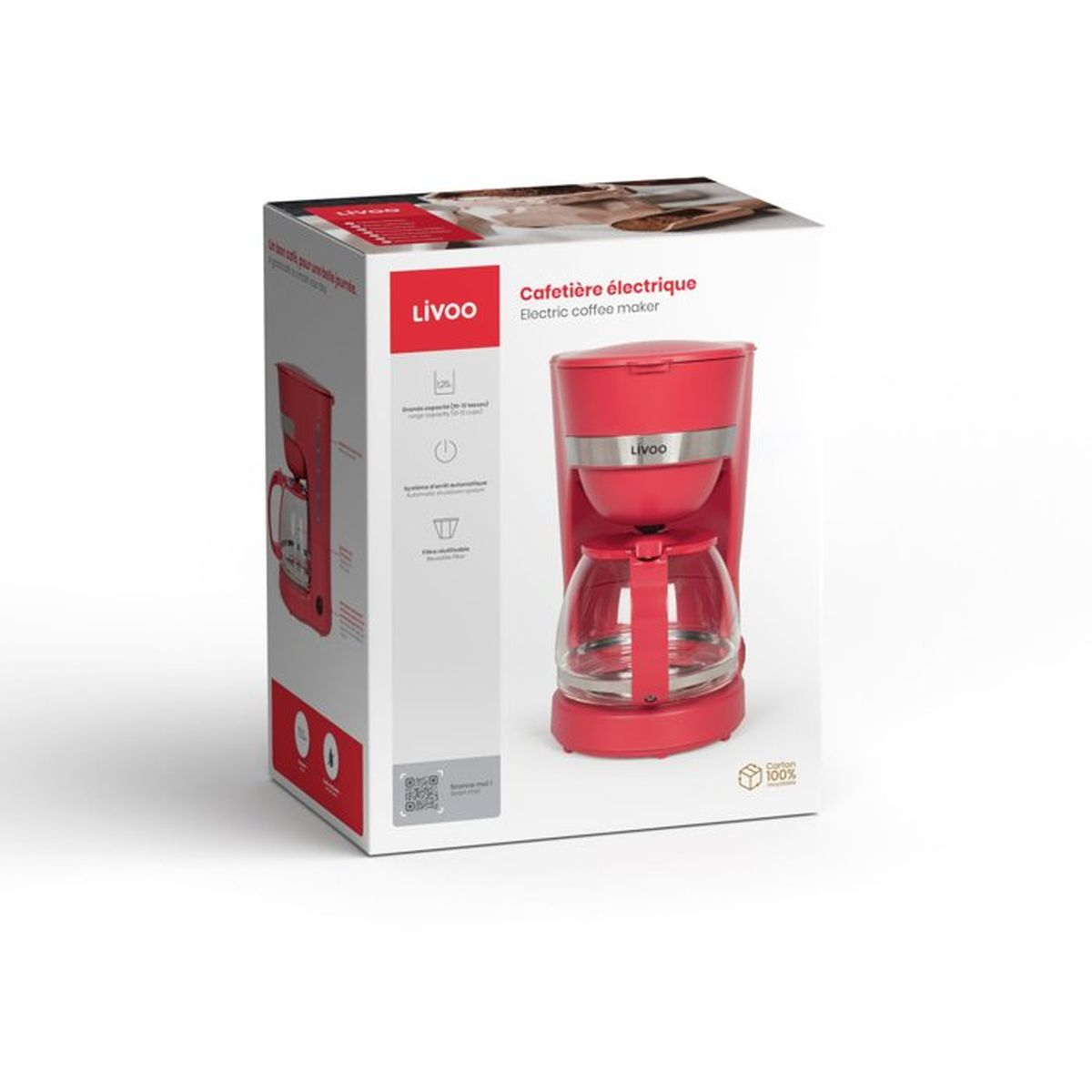 Caffettiera elettrica rossa con caraffa in vetro su confezione.
