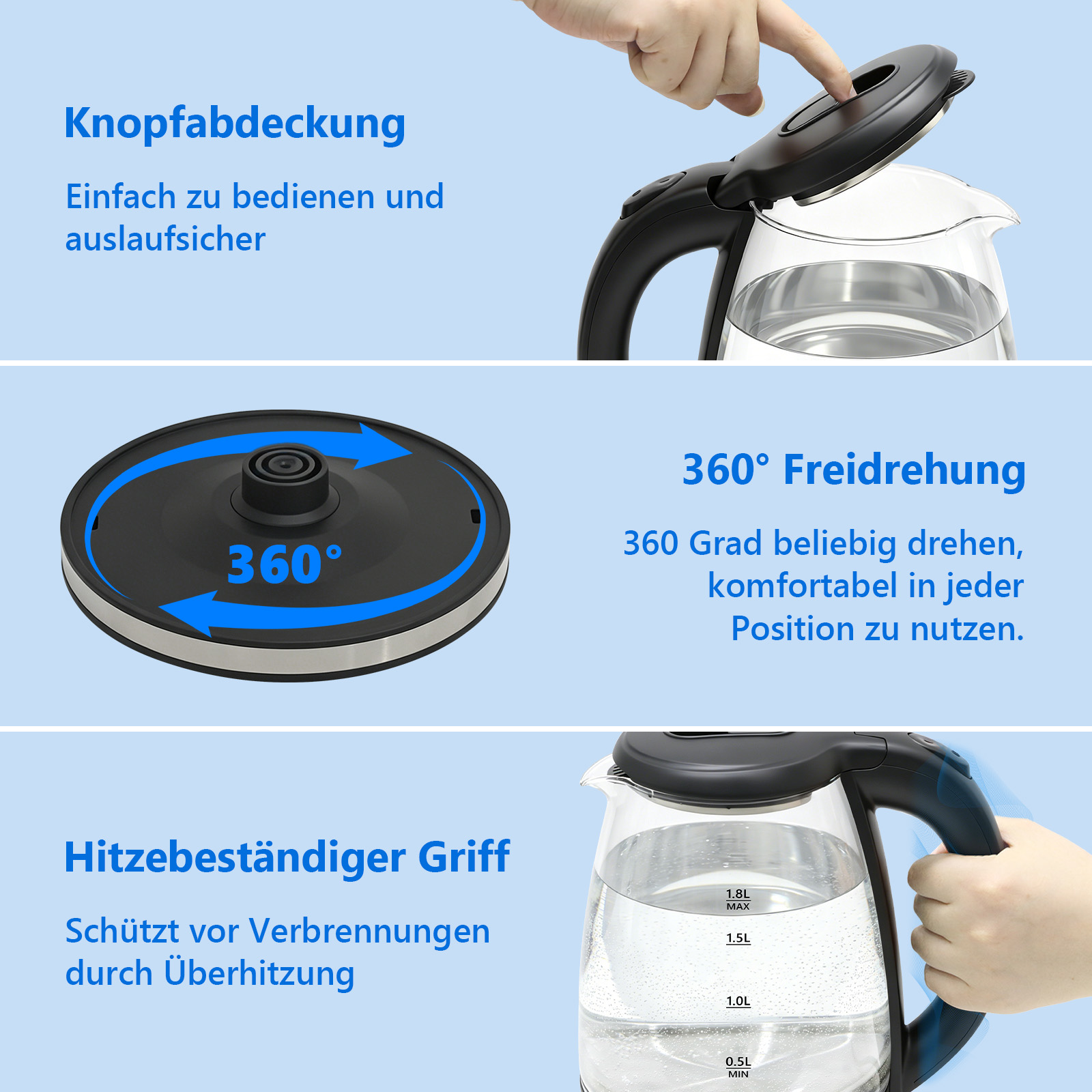 Ein Glas-Wasserkocher mit 360° Drehung, hitzebeständigem Griff und Knopf-Abdeckung.