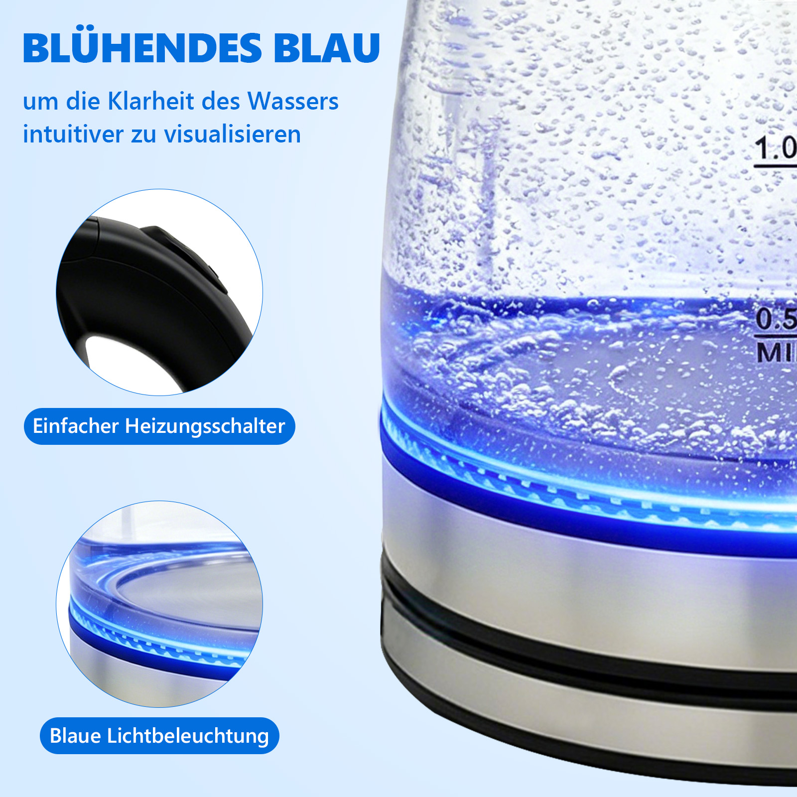 Ein Wasserkocher mit blauem Licht und Blasen. Zeigt Heizschalter und Beleuchtung.