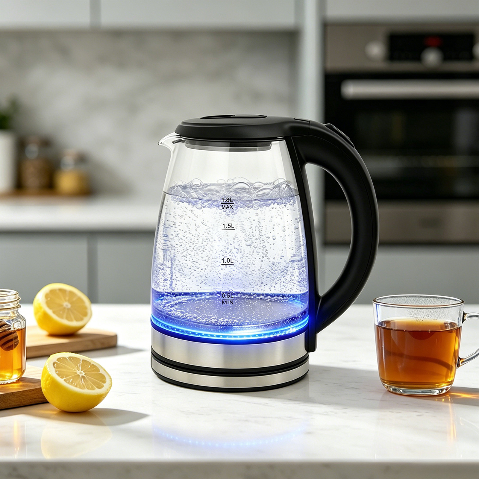 Ein Glaswasserkocher kocht Wasser, daneben eine Teetasse, Zitrone und Honig.