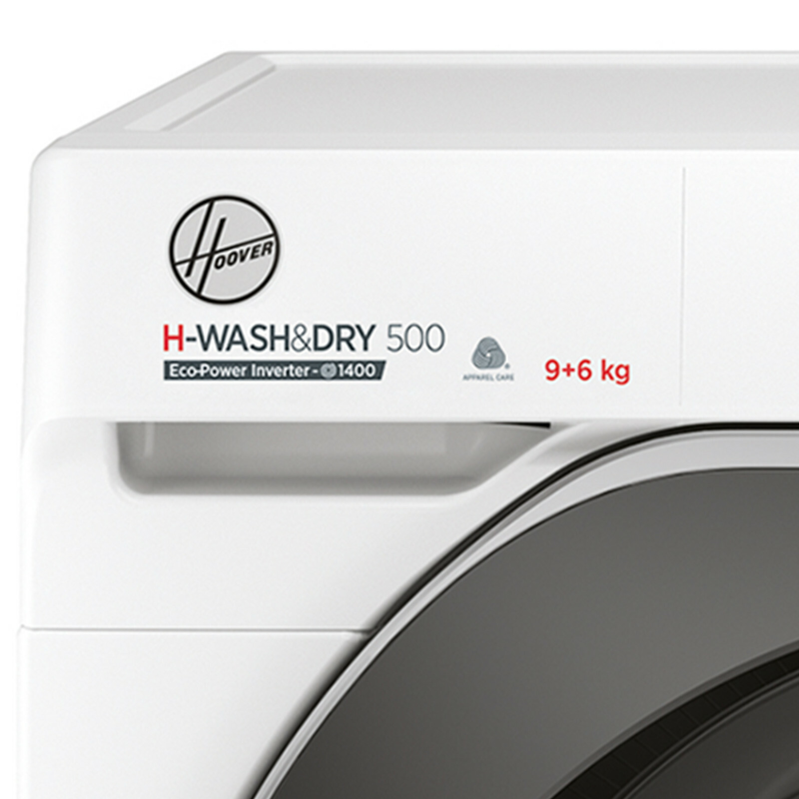 Weiße Waschmaschine mit Hoover-Logo, "H-WASH&DRY 500" und 9+6 kg Kapazität.