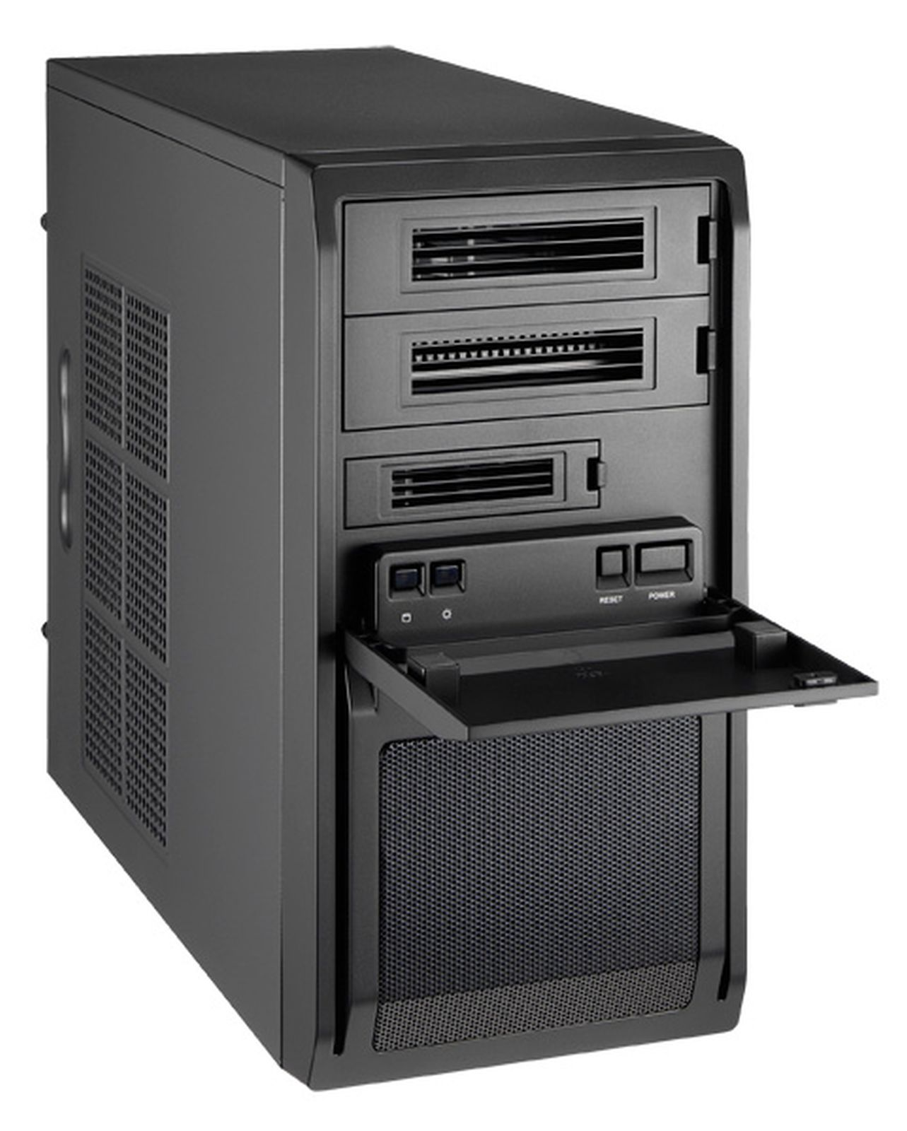 Case del computer nero con tre alloggiamenti per unità e griglie di ventilazione.