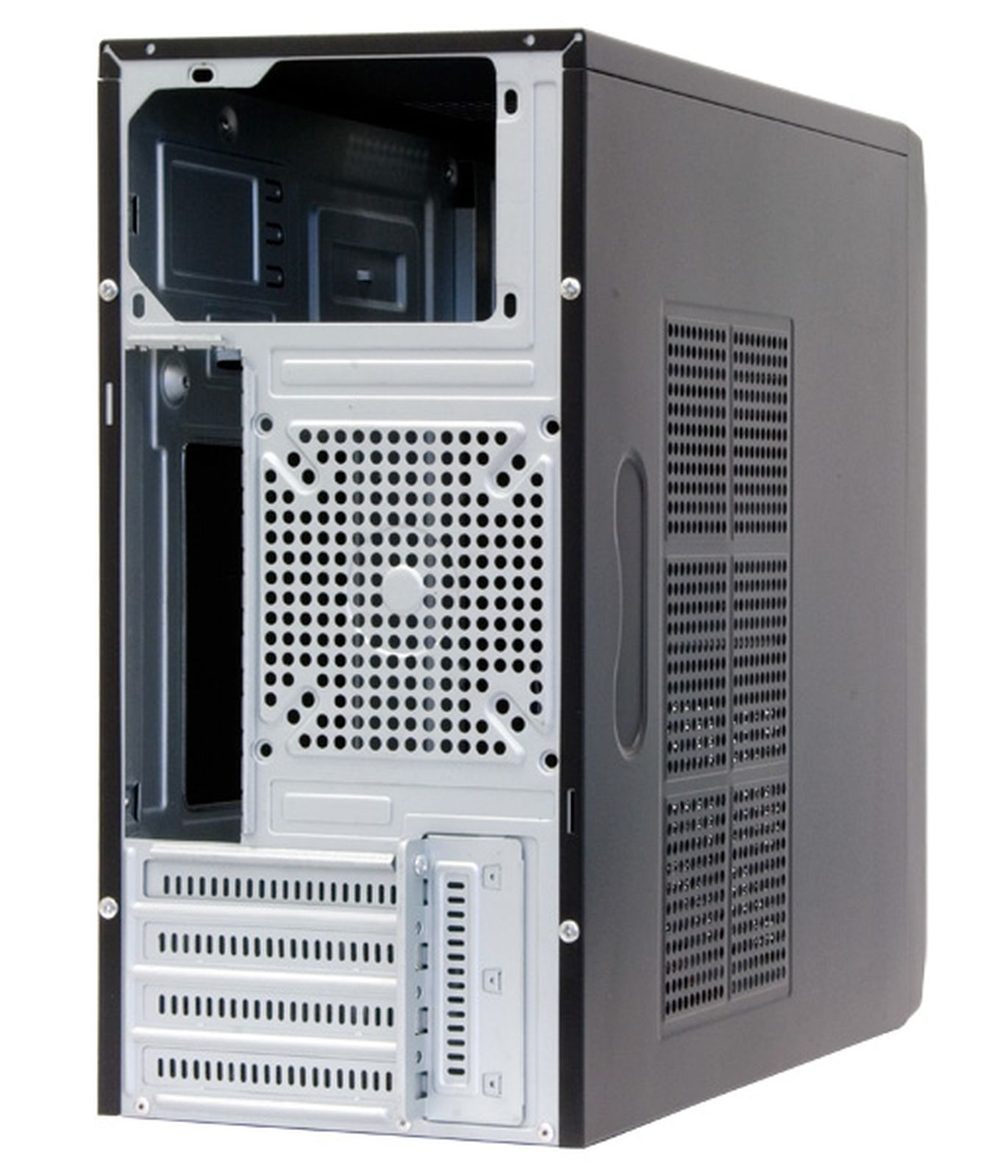 Vista posteriore di un case per computer nero con prese d'aria e aperture argentate.