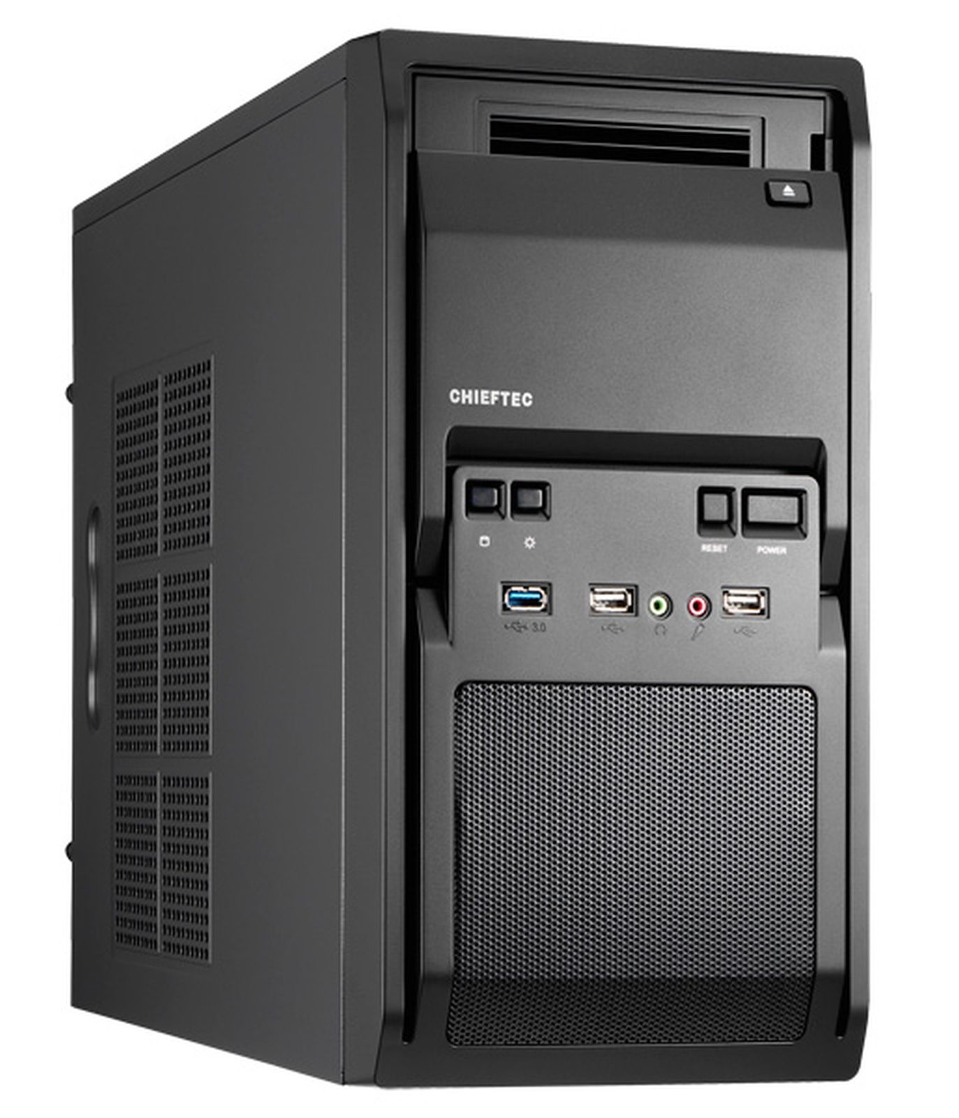 Case del computer nero con porte e fessure di ventilazione.