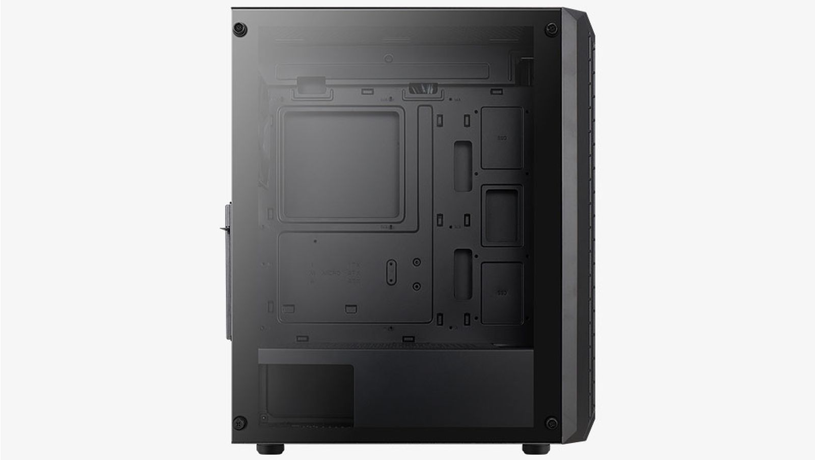 Interno di case per computer nero con punti di montaggio e alloggiamenti per unità visibili.