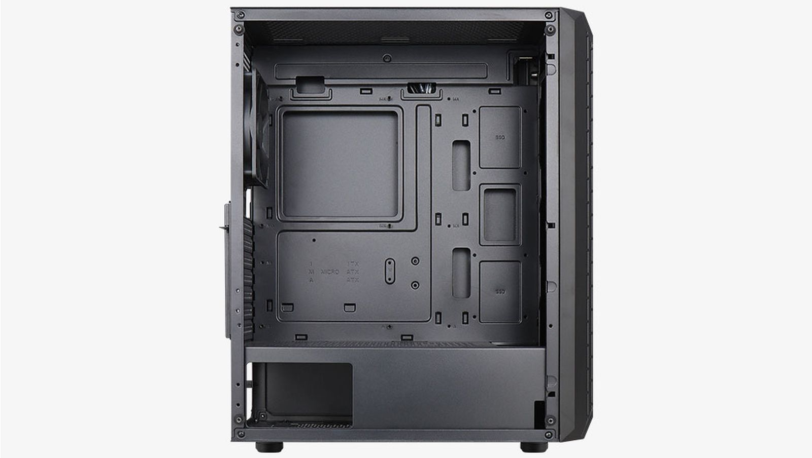 Vista interna di un case PC nero, con supporti per scheda madre, SSD e ventole.