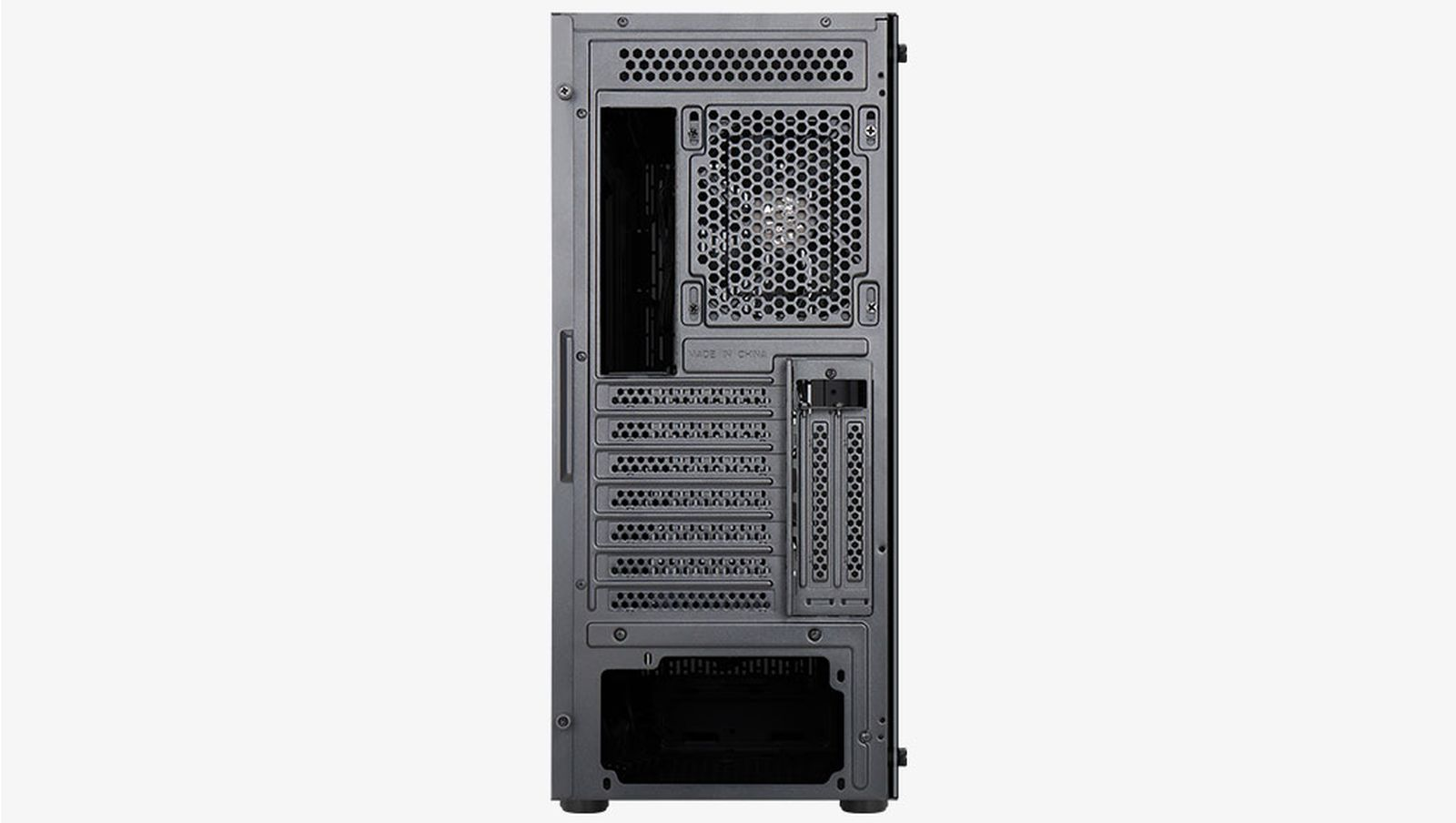 Retro di un case per computer nero con prese d'aria e slot di espansione.