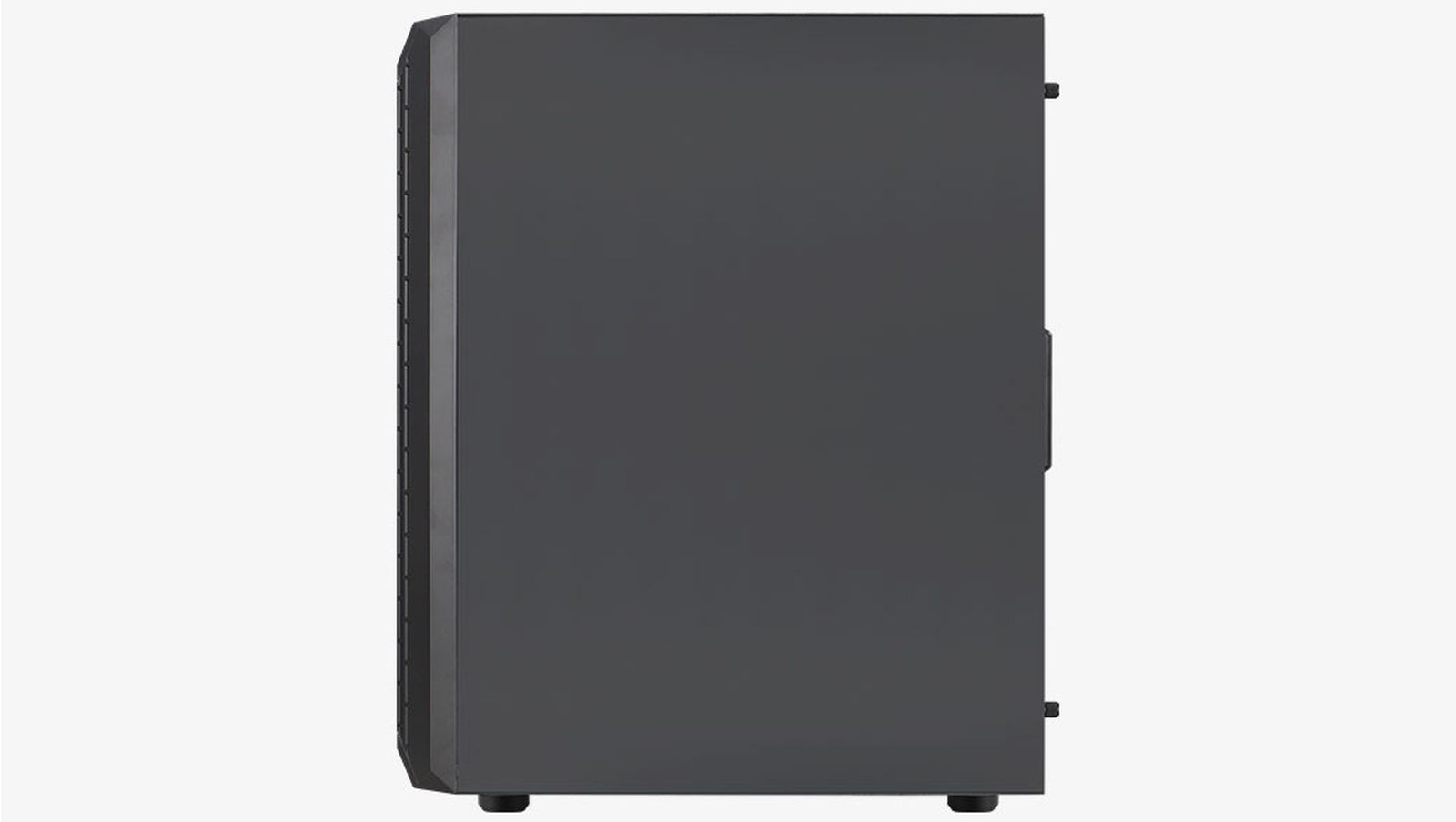 Case del computer grigio scuro visto di lato su sfondo bianco.