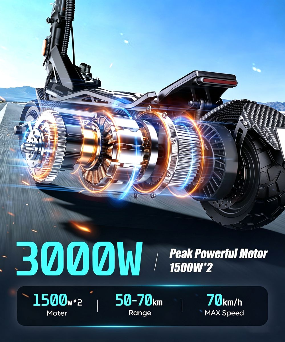 Primo piano del potente motore da 3000W di uno scooter elettrico, velocità max 70 km/h.