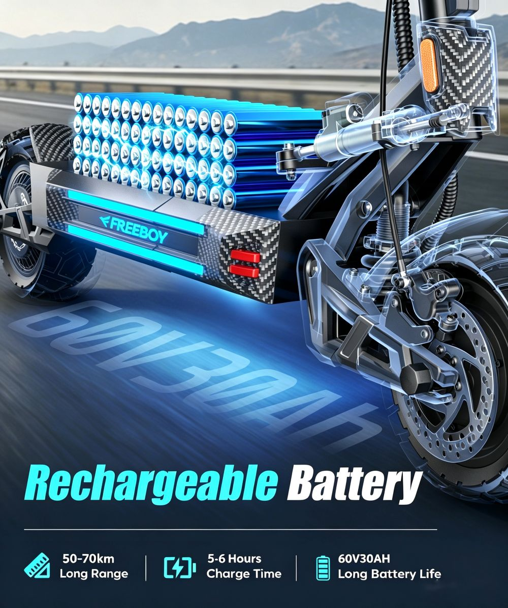 Uno scooter elettrico con pacco batteria visibile e la scritta "Rechargeable Battery".