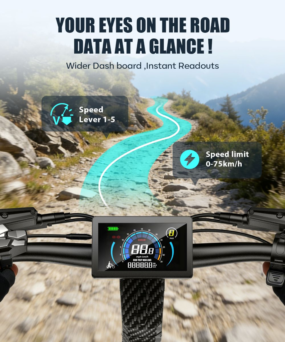 Display e-bike mostra velocità, leva e limite di velocità su strada di montagna.