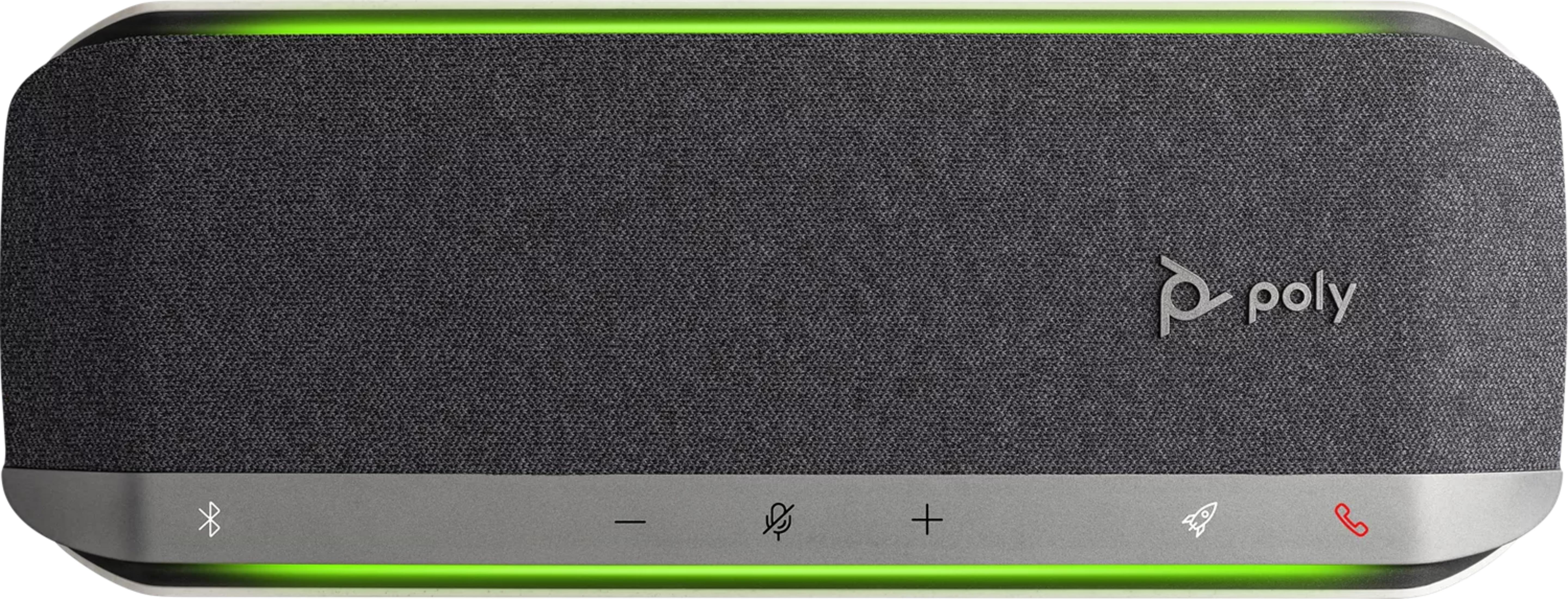 Altoparlante Poly grigio con striscia LED verde e controlli touch.