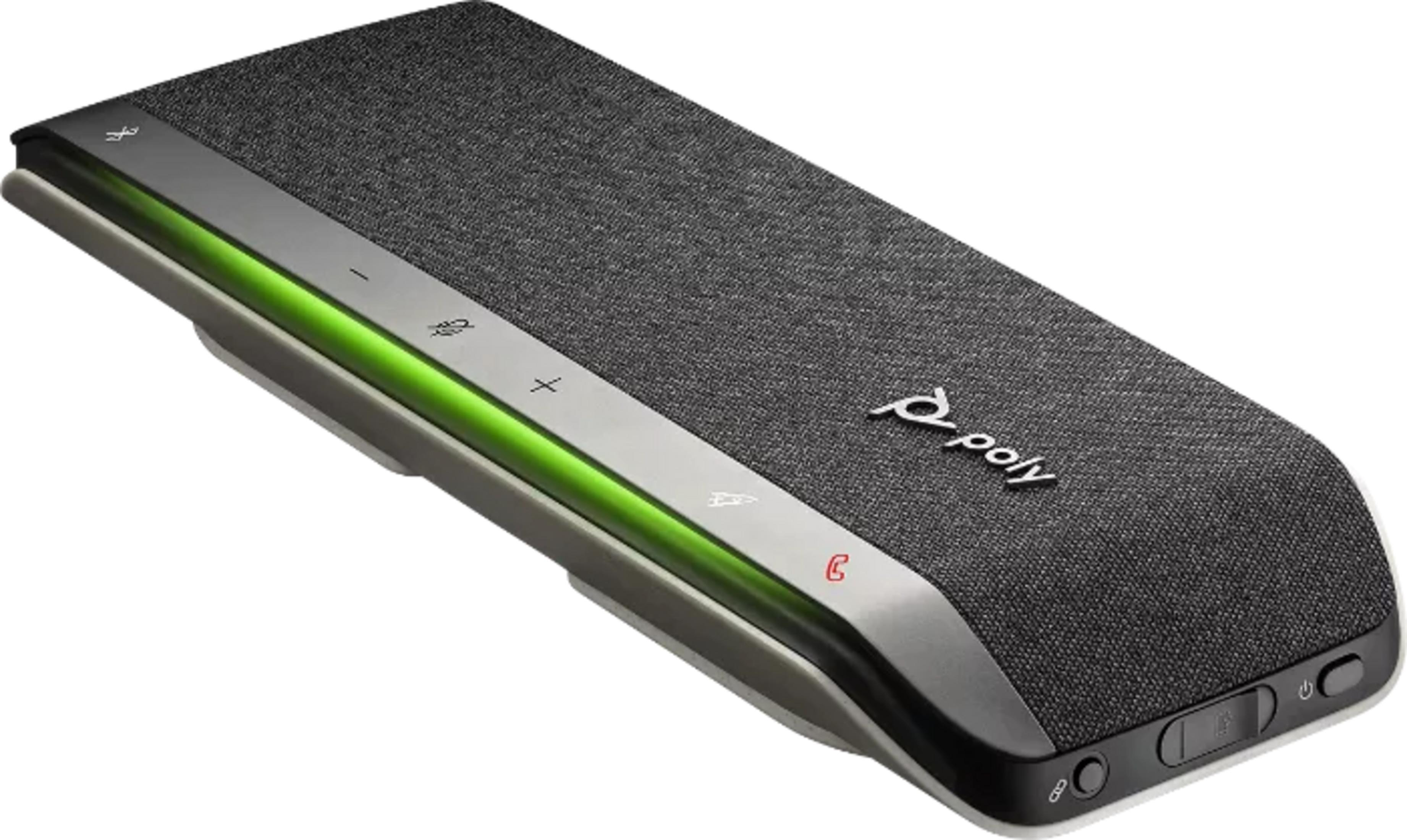 Un vivavoce Poly grigio con striscia LED verde e pulsanti di controllo.