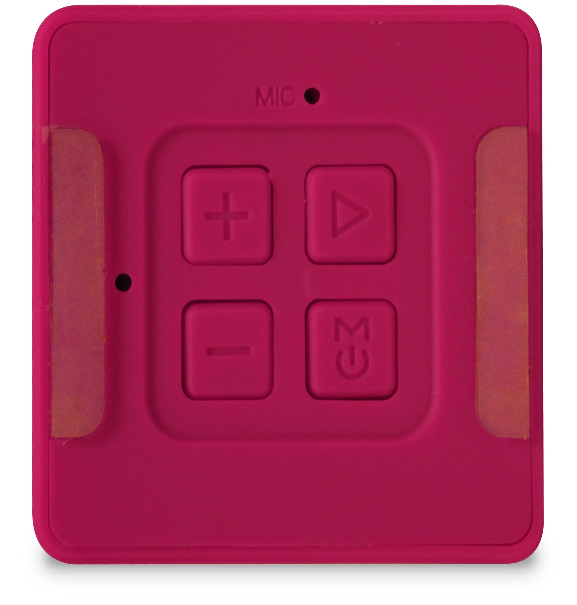 Un dispositivo rosa con quattro pulsanti: più, meno, play e un pulsante menu.