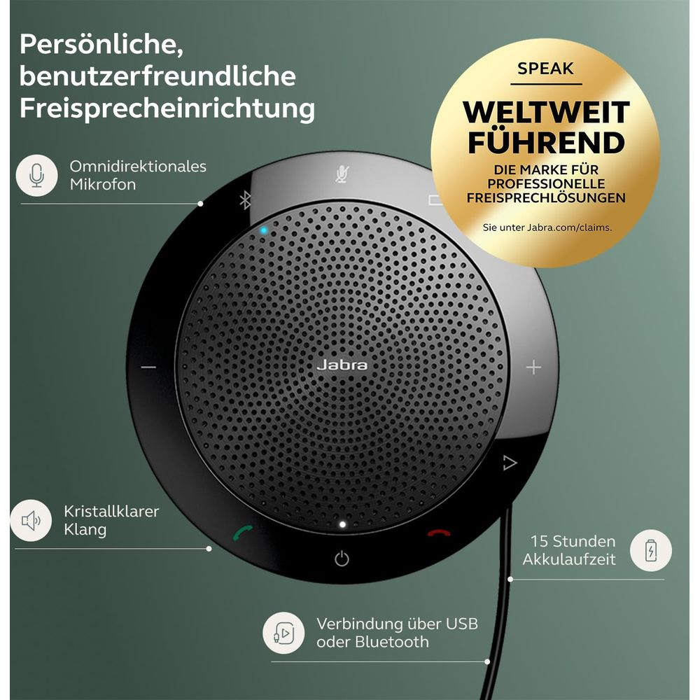 Un vivavoce Jabra nero con microfono omnidirezionale, durata batteria.