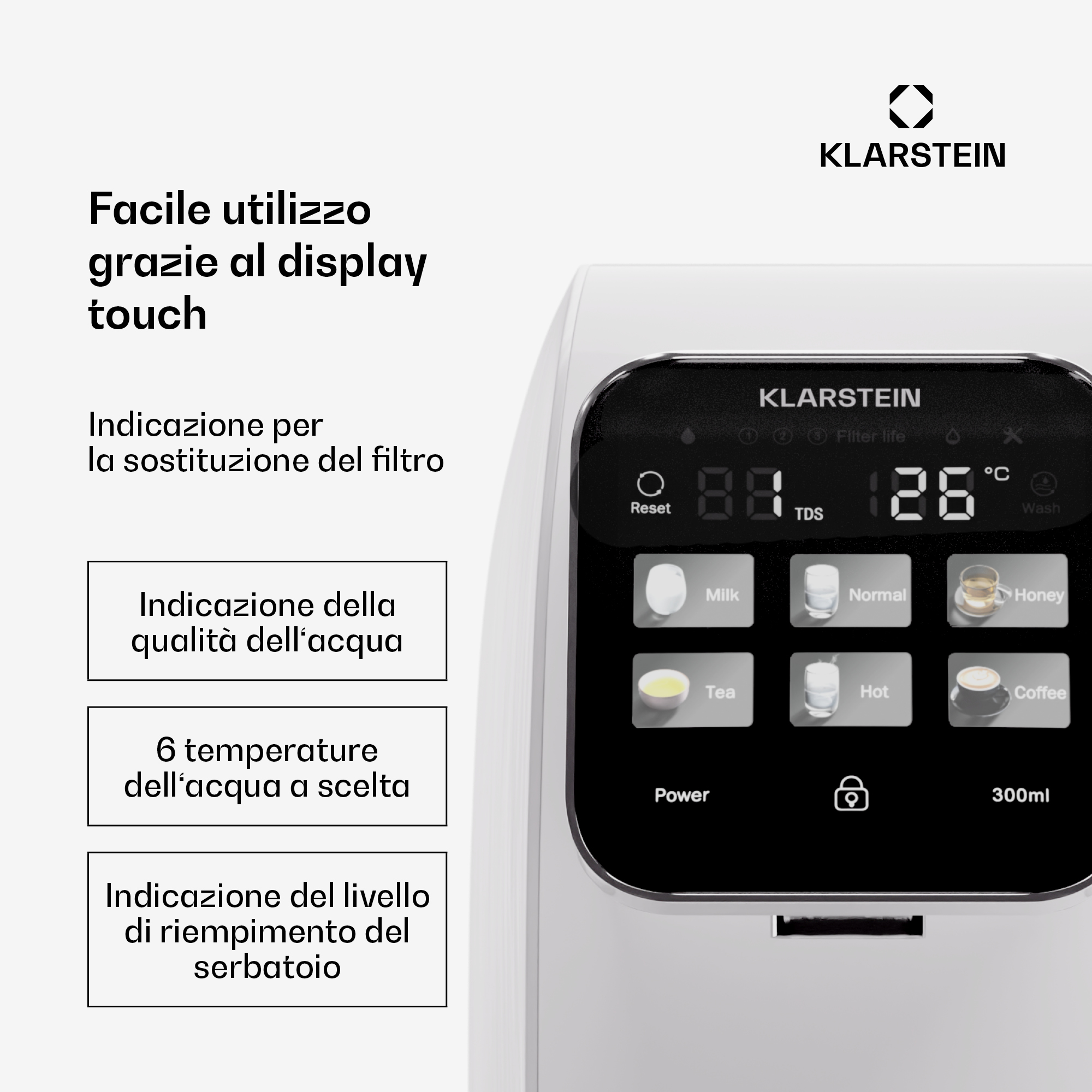 Klarstein Wasserkocher mit Touch-Display: Filterwechsel, Wasserqualität, Temperatur, Füllstand.