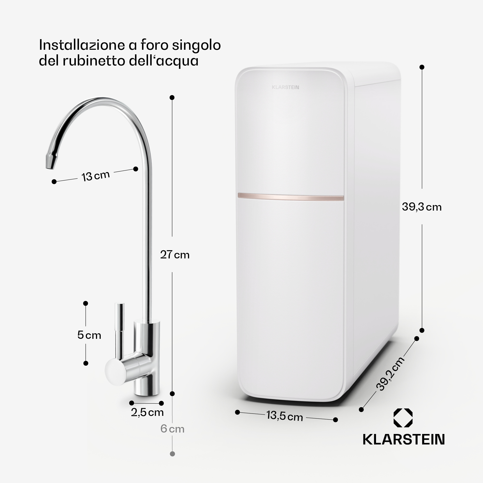 Un rubinetto (alto 27 cm, sporgenza 13 cm) accanto a un dispositivo Klarstein bianco (alto 39,3 cm).