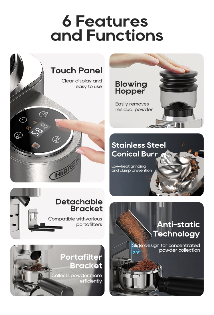 Gráfico muestra 6 características de un molinillo de café: panel táctil, tolva soplante, muela cónica, soporte desmontable, soporte de portafiltro, tecnología antiestática.
