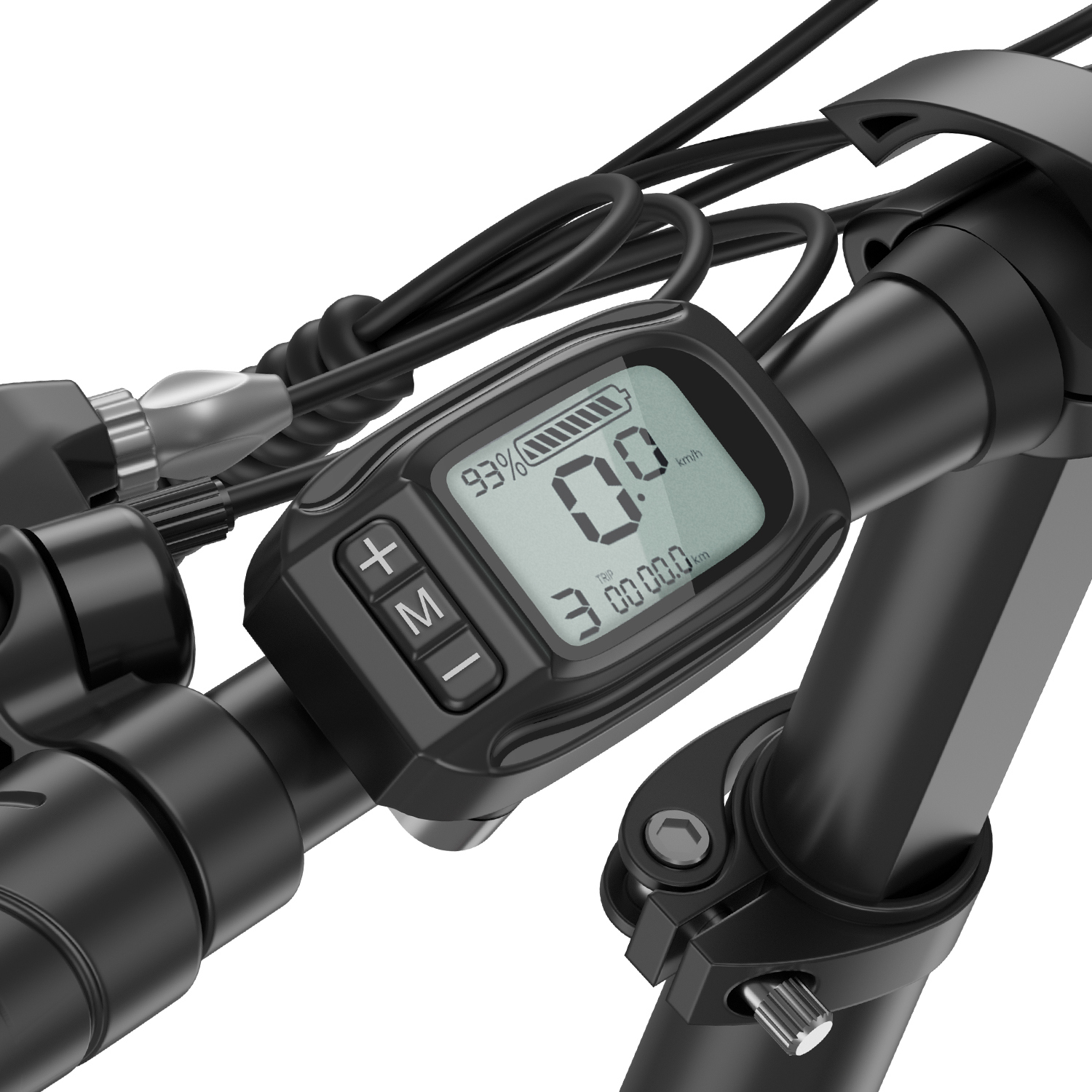 Primer plano de pantalla de patinete eléctrico con 93% de batería y 0.0 km/h.