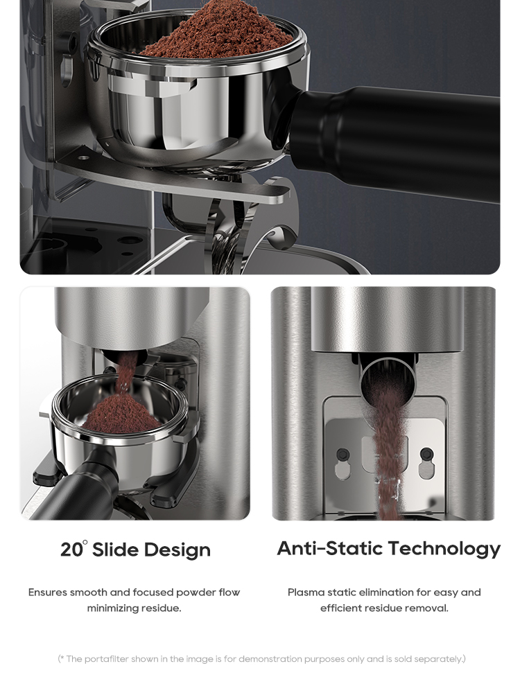 Molinillo de café con diseño inclinado de 20° y tecnología antiestática.