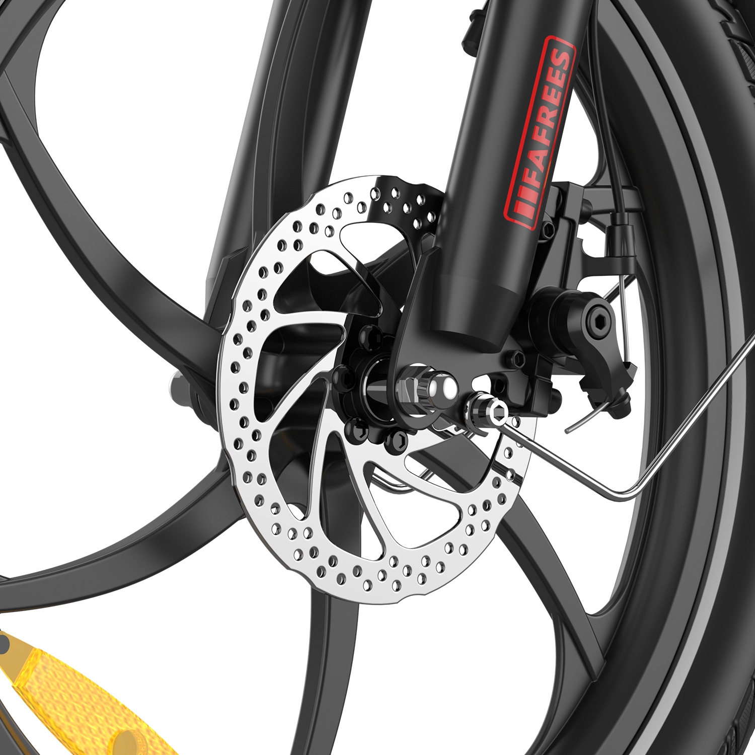 Primer plano de una rueda de bicicleta con freno de disco, neumático negro y marca roja 'FAFREES'.