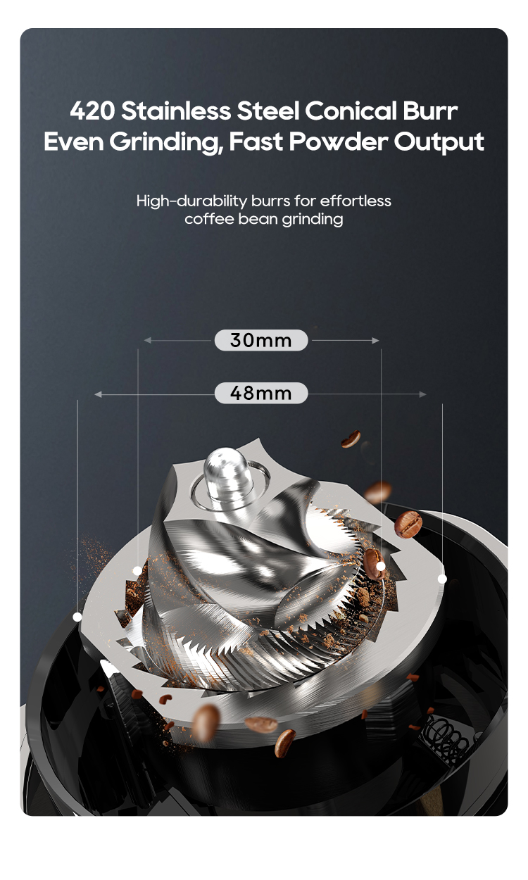 Primer plano de un mecanismo de muelas de acero inoxidable para molinillo de café.