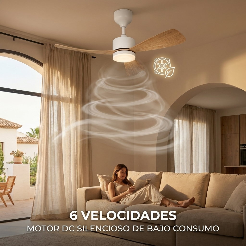 Una mujer lee en un sofá bajo un ventilador de techo con aspas de madera.