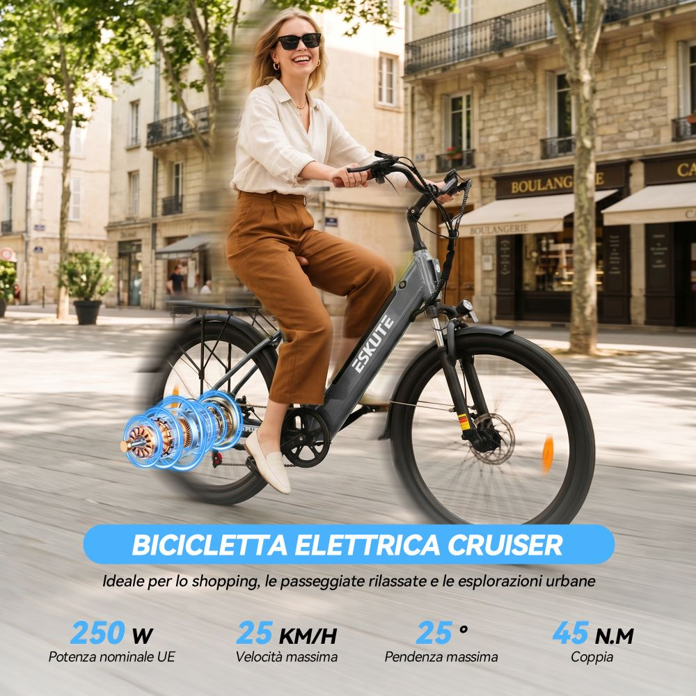 Donna guida e-bike in città. Dettagli su potenza, velocità, pendenza e coppia.