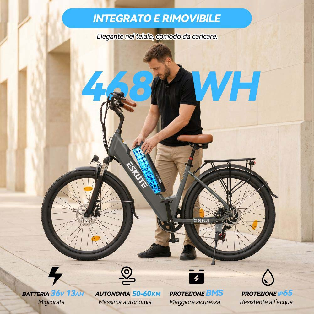 Uomo rimuove batteria e-bike Eskute da 468 Wh. Testo su batteria, autonomia, BMS.