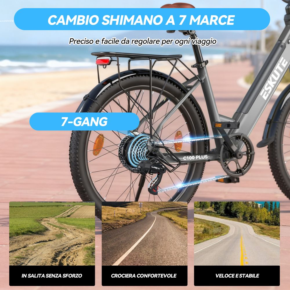 Bici elettrica grigia a 7 marce, spiaggia sullo sfondo, tre viste stradali sotto.
