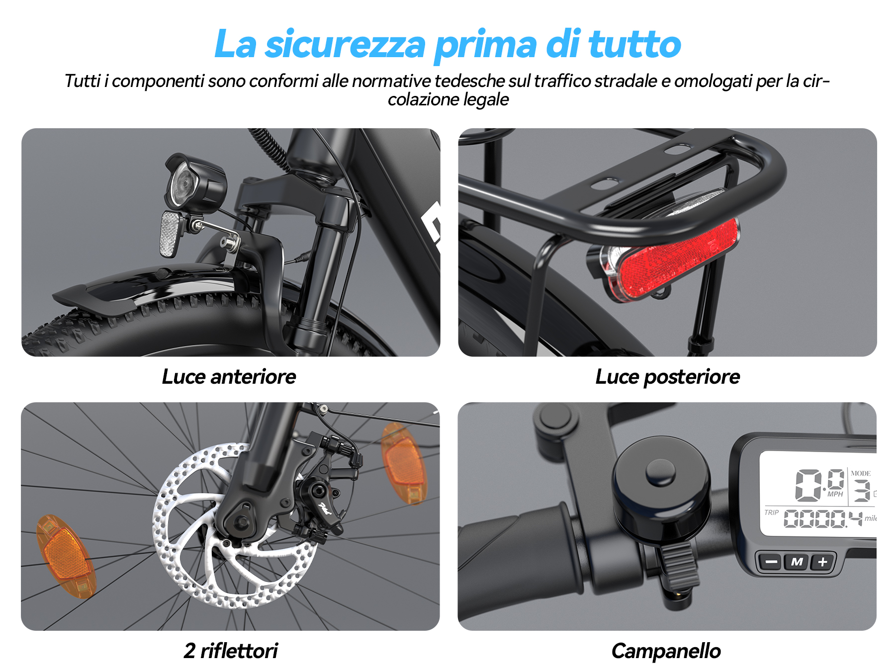 Dettagli di una bicicletta: luce anteriore, posteriore, riflettori, campanello.