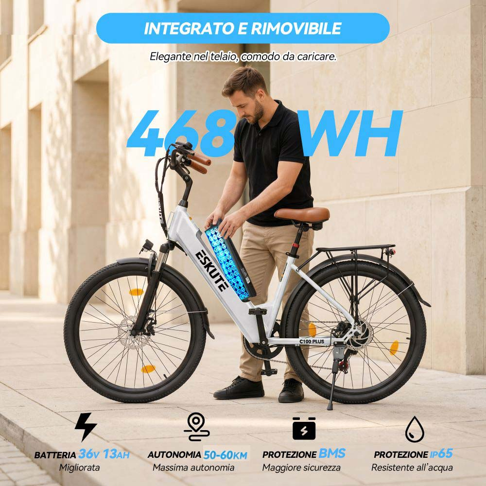 Uomo inserisce batteria in e-bike bianca. Grande scritta 468WH.